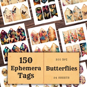 Butterfly Ephemera Tags - 150 Junk Journal Tags, Printable Ephemera, Butterfly Junk Journal Kit, Vintage Butterflies, Vintage Butterfly Tags