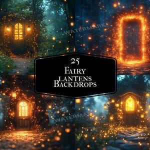 May include: A collection of 25 digital backdrops featuring a magical forest with glowing fairy lanterns. The backdrops are perfect for creating whimsical and enchanting photos.