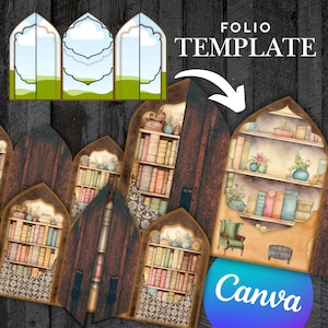 Puede incluir: Una plantilla digital para un folio con un diseño de estantería. La plantilla está diseñada para ser utilizada con Canva. La imagen muestra una estantería con libros, jarrones y otros elementos decorativos. La plantilla está dividida en tres secciones, cada una con un diseño diferente. El texto "FOLIO TEMPLATE" se muestra en la parte superior de la imagen, y el texto "Canva" se muestra en la parte inferior de la imagen.