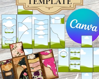 May include: A digital folio template with a floral design and the word "TEMPLATE" at the top. The template includes various sections with landscape and sky backgrounds, and a Canva logo.