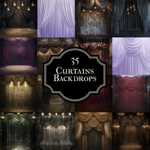 May include: A collage of 35 digital backdrop images featuring various styles of curtains, including velvet, satin, and lace. The curtains are in a variety of colors, including red, gold, purple, and black. The backdrops are perfect for photographers and graphic designers who want to create professional-looking images.