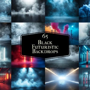 May include: 65 black futuristic backdrops with various lighting effects and smoke. The backdrops feature neon lights, spotlights, and smoke in different colors, including blue, red, and white.