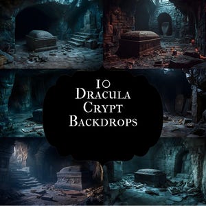 Könnte beinhalten: Ein zusammengesetztes Bild mit 10 Dracula-Krypta-Hintergründen. Die Szenen zeigen dunkle Krypten mit Steinmauern, gewölbten Türen, Steinsärgen und Treppen. Die Beleuchtung ist schwach und erzeugt eine mysteriöse und gotische Atmosphäre.