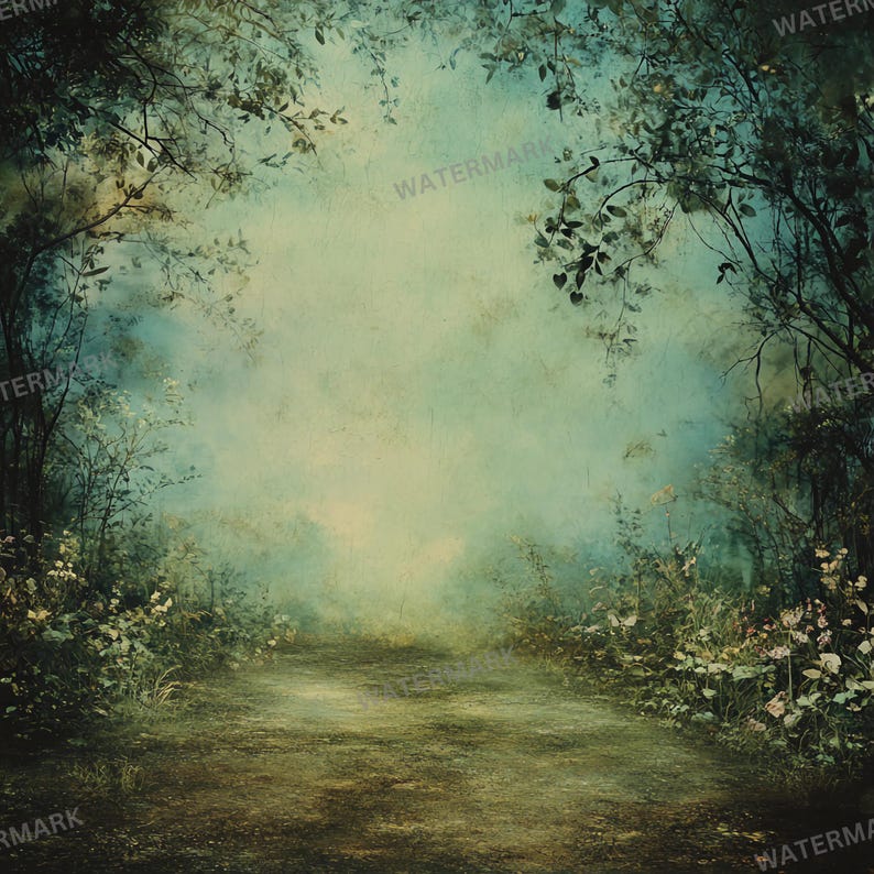 May include: A misty forest path with a soft, green and blue color palette. The path leads into the distance, surrounded by trees and foliage.