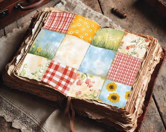 Quilt Patchwork Digitale Papiere, Rustikale Vintage Hintergründe, Blumen Gingham Printable Kit, Nähen, Basteln, Handarbeiten Junk Journal