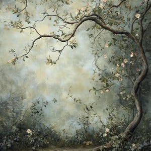 May include: A whimsical forest scene with a gnarled tree branch reaching up towards a cloudy sky. The tree is adorned with delicate white blossoms and green leaves. The background is a soft, muted blue and green, creating a dreamy atmosphere.