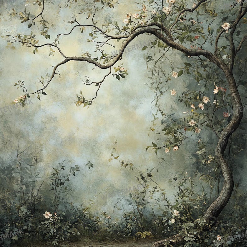 May include: A whimsical forest scene with a gnarled tree branch reaching up towards a cloudy sky. The tree is adorned with delicate white blossoms and green leaves. The background is a soft, muted blue and green, creating a dreamy atmosphere.