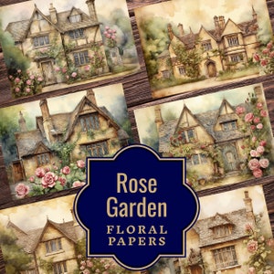 Rose Garden Junk Journal Papers - Floral Design - Junk Journal Kit, Victorian House Rose Garden, Printable Ephemeras, Floral Double Pages