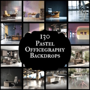 Könnte beinhalten: Eine Collage von 12 Bildern, die pastellfarbene Büro-Hintergründe zeigen. Die Bilder zeigen verschiedene Büroumgebungen, darunter Schreibtische, Stühle und architektonische Details. Das zentrale Bild zeigt den Text "130 Pastel Officegraphy Backdrops" in Weiß.