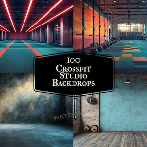 Puede incluir: Cuatro fondos diferentes para un estudio de CrossFit. El primer fondo es una habitación larga y estrecha con luces de neón rojas en el techo. El segundo fondo es un espacio grande y abierto con una pared de ladrillo y un suelo azul. El tercer fondo es una pared de ladrillo con una pared azul y un suelo de madera. El cuarto fondo es una pared de ladrillo con una pared azul y un suelo de madera.