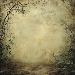 May include: A faded, textured background with a path leading into a forest. The path is surrounded by green foliage and branches. The background is a light green color with brown and white accents.