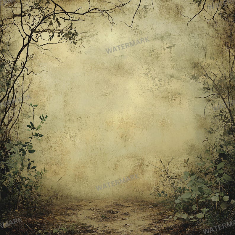 May include: A faded, textured background with a path leading into a forest. The path is surrounded by green foliage and branches. The background is a light green color with brown and white accents.