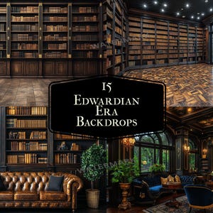 May include: A collection of 15 digital backdrops featuring a library setting with dark wood bookshelves filled with books. The backdrops are ideal for photographers and digital artists looking to create a vintage, Edwardian-era aesthetic.