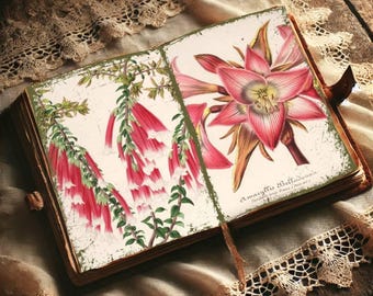 Papeles de diario vintage con motivos florales: 20 páginas digitales, efímeras botánicas antiguas, papel imprimible para álbumes de recortes, hojas de collage, 11" x 8,5"
