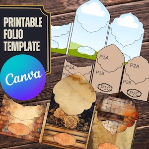 May include: Printable folio template for creating a decorative paper craft. The template features a vintage design with a floral motif and a book-themed background. The template is labeled with the text "Canva" and includes instructions for assembly.
