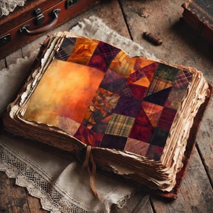 May include: An open, aged book with a patchwork design on the pages. The patchwork features squares of various fabrics in shades of orange, red, and green. The book is on a wooden surface with a vintage aesthetic.
