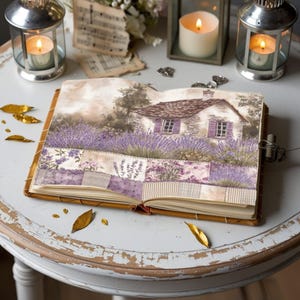 May include: An open journal with a decorative cover depicting a lavender field and a cottage. The journal has a brown leather binding and a metal clasp. The pages are cream-coloured, and the scene is in shades of purple and green.