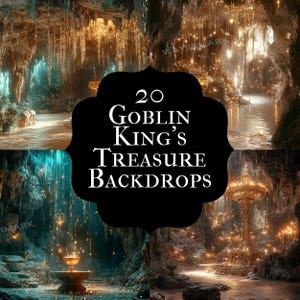 May include: A composite image featuring four scenes of a fantasy cave setting. The scenes depict a cavern with glowing lights, water features, and architectural elements. The image includes the text "20 Goblin King's Treasure Backdrops" in a black, stylized shape.