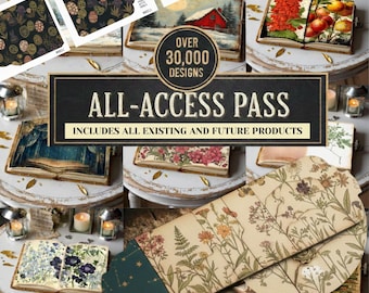 All Access Pass - Full Shop Pass - ENTIRE SHOP Bundle Junk Journal, Folding Folio Templates and Scrapbooking, Vintage Ephemera, Craft Papers
