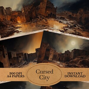 Ciudad maldita gótica - Páginas de diario basura gótica vintage - Efímera gótica imprimible, páginas dobles góticas, ruinas de ciudades abandonadas - Papel gótico