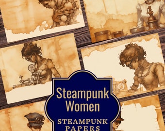 Steampunk Women Junk Journal Papers - Vintage Steampunk Design, Printable Ephemera, Double Pages for Journaling, Steampunk Papers