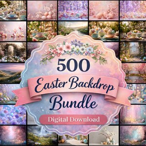 Peut inclure: Une image numérique à télécharger présentant une collection de fonds d'écran sur le thème de Pâques. L'élément central est un emblème décoratif avec le texte "500 Easter Backdrop Bundle" et "Digital Download" sur une bannière rose. L'arrière-plan comprend diverses images sur le thème de Pâques.
