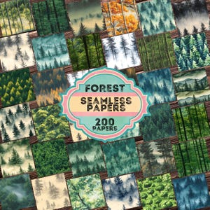 May include: A collection of 200 forest-themed seamless papers. The papers feature various watercolor illustrations of trees and forests in shades of green, brown, and blue. The image includes a central label that reads "FOREST SEAMLESS PAPERS" and "200 PAPERS".