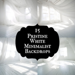 May include: A bright, minimalist studio space with white walls, floors, and flowing white fabric curtains. The image features the text "15 Pristine White Minimalist Backdrops" in a black, decorative shape.