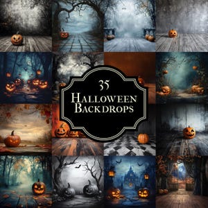 May include: A collection of 35 Halloween backdrops featuring spooky scenes with pumpkins, trees, and fog. The backdrops are perfect for creating a festive atmosphere for your Halloween photos.