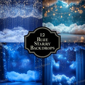 Puede incluir: Doce fondos azules estrellados con nubes blancas y luces parpadeantes. Los fondos son perfectos para fondos de fotografía o video.