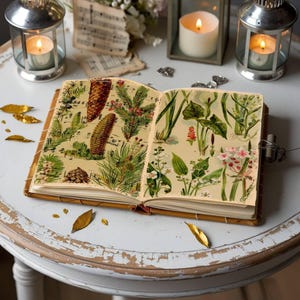 Páginas de diario botánico vintage, imprimibles de álbumes de recortes de naturaleza vintage, papel de herbario envejecido, efímeras digitales para diarios basura