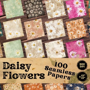 May include: 100 seamless digital paper patterns featuring white daisies on various backgrounds, including watercolor washes, vintage textures, and floral patterns. The papers are 12 inches by 12 inches and 300 DPI.
