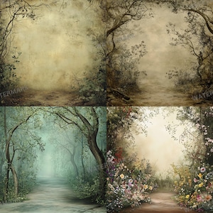 May include: A digital collage of four different forest scenes. The top left image shows a path leading into a forest with a light green and brown color scheme. The top right image shows a path leading into a forest with a light brown and green color scheme. The bottom left image shows a path leading into a forest with a dark green and blue color scheme. The bottom right image shows a path leading into a forest with a light brown and green color scheme with flowers along the path.