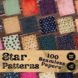 Naadloze papieren 100 sterren - Naadloze papieren met sterpatroon - Junk Journal, Efemere, achtergrond, Shabby Star Papers, Star Digital Papers