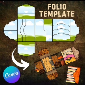 Puede incluir: Una plantilla de caja folio imprimible con un diseño de cielo y colinas. La plantilla se muestra doblada en una caja con un diseño de temática de Halloween. El texto "FOLIO TEMPLATE" está en la parte superior de la imagen. El texto "Canva" está en un círculo azul en la parte inferior izquierda de la imagen.