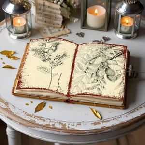 Puede incluir: Libro abierto con un borde rojo y dos páginas de ilustraciones botánicas. Las ilustraciones son en blanco y negro y representan una rama de hojas y una rama de flores.