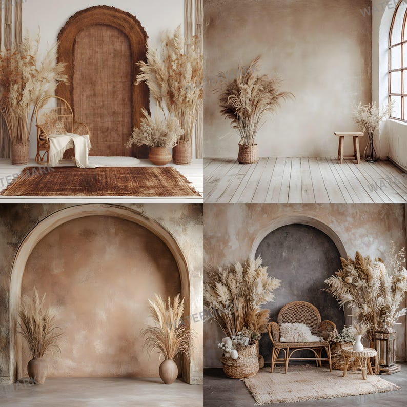 K&ouml;nnte beinhalten: Vier verschiedene Fotohintergr&uuml;nde im rustikalen, bohemian Stil. Jeder Hintergrund zeigt eine neutrale Wand mit einem Torbogen, einen Holzboden und getrocknetes Pampasgras in einem Korb. Zwei der Hintergr&uuml;nde beinhalten einen Stuhl und einen kleinen Tisch.