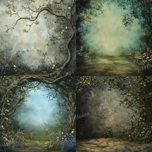 May include: A digital backdrop featuring four different scenes of a magical forest. The scenes include a tree with white flowers, a path through a forest, a vine-covered archway, and a stone path with vines.