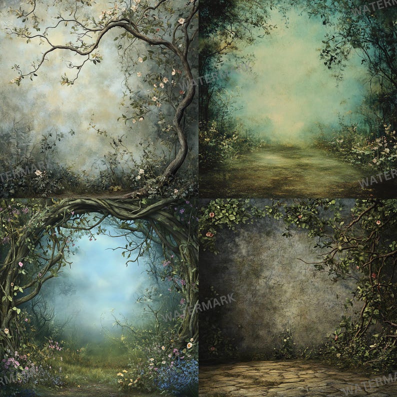 May include: A digital backdrop featuring four different scenes of a magical forest. The scenes include a tree with white flowers, a path through a forest, a vine-covered archway, and a stone path with vines.