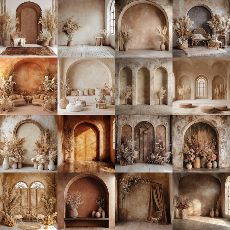 K&ouml;nnte beinhalten: Eine Sammlung von 12 digitalen Hintergr&uuml;nden mit gew&ouml;lbten T&uuml;ren und rustikalen Texturen. Die Hintergr&uuml;nde sind perfekt f&uuml;r Fotografen und Designer, die einzigartige und stilvolle Bilder erstellen m&ouml;chten.