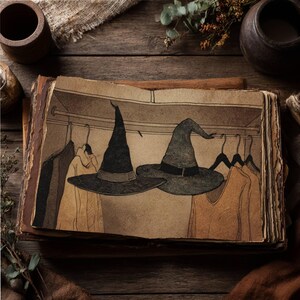 以下が含まれることがあります： セピア色のイラストが描かれた開いた本。2つの魔女の帽子とハンガーに掛けられた服がクローゼットに描かれています。本は木製の表面に置かれ、装飾的なアイテムが配置されています。