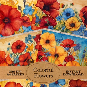 Bunte Blumen Junk Journal Papiere - Florale Ephemera - Wildblumen Junk Journal Kit - Junk Journal Doppelseiten - Junk Journal - Floral