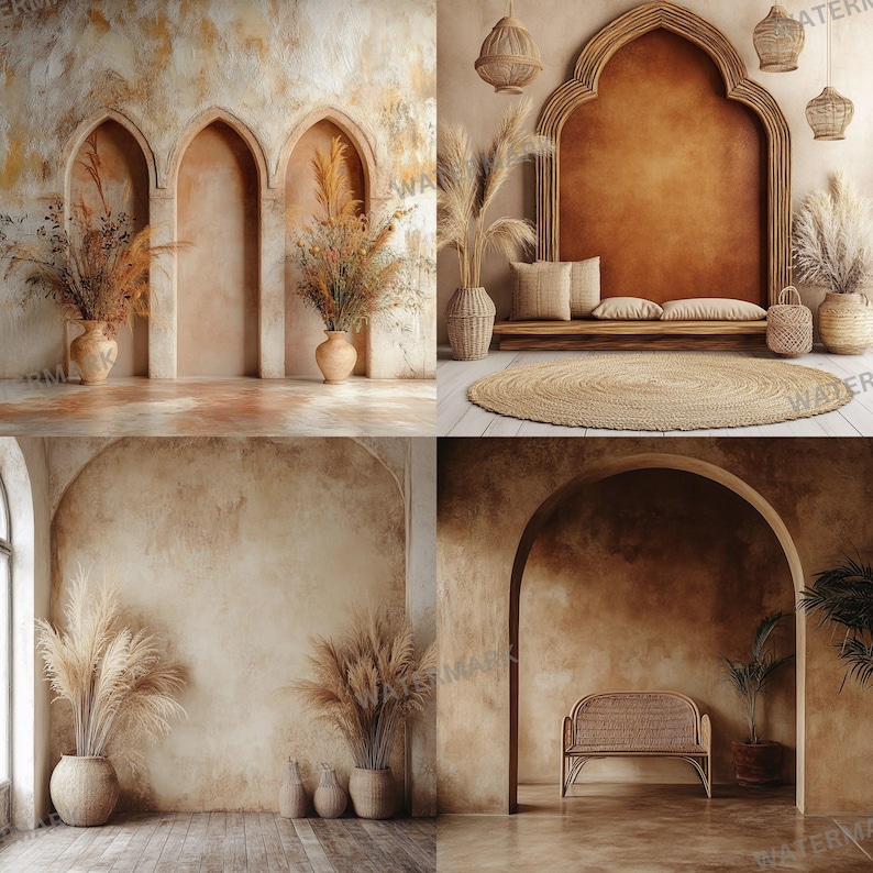 K&ouml;nnte beinhalten: Vier verschiedene Innendesign-Szenen mit einem rustikalen, bohemian Thema. Die Szenen zeigen gew&ouml;lbte T&uuml;ren, strukturierte W&auml;nde, gewebte Teppiche und Topfpflanzen.