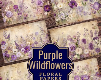 Lila Wildflower Junk Journal-papper - Wildflower Ephemera - Wildflower Junk Journal Kit - Junk Journal-dubbla sidor - Digitala papper