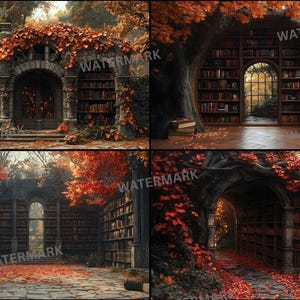 May include: Four images of fantasy libraries. One is a stone structure with a door and bookshelves. Another is a library built into a tree. The other two images show the interiors of libraries with bookshelves and autumn foliage.