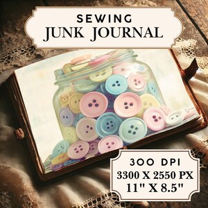 Sidor med skräpjournal från vintage-sömnad | Ephemera med knappburk | Utskrivbart papper med sömnadstema | DIY-scrapbooking och pyssel | 28 x 21 cm