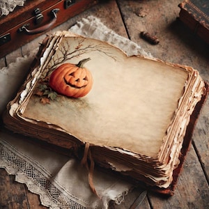 May include: An open, antique book with aged, yellowed pages. A carved orange pumpkin with a smiling face is painted on the left page, with a bare tree branch above it. The book is on a lace-trimmed cloth, with a wooden background.