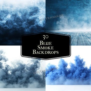 Może przedstawiać: Kolekcja 30 niebieskich tła z dymem. Obrazy przedstawiają różne style niebieskiego dymu, w tym delikatny dym, gęsty dym i dym o fakturowanym wyglądzie. Dym znajduje się na tle różnych środowisk, w tym białego, czarnego i niebieskiego.