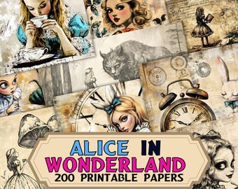 Vintage Alice Wonderland Junk Journal Pages, Scrapbook Printables Digital Papers - Wonderland Scrapbooking - Vintage Alice Journals Papers