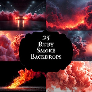 Puede incluir: Un collage de imágenes de arte digital con fondos de humo de color rubí. Las imágenes muestran efectos de humo arremolinado en varias composiciones, con tonos rojos fuego y grises oscuros. El texto "25 Ruby Smoke Backdrops" se muestra en una forma decorativa negra.